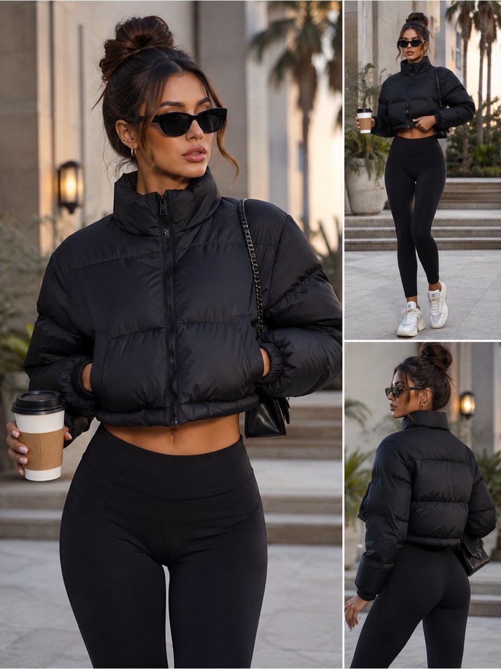 Fashion Nova Black Cropped Puffer Jacket High Neck Zip Front